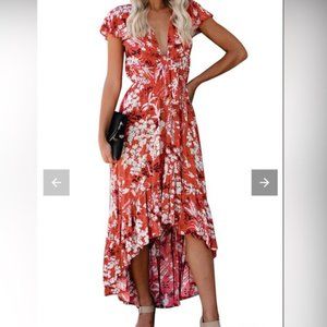Aakaa Cherry Red Floral High Low Front Tie Maxi Dress M